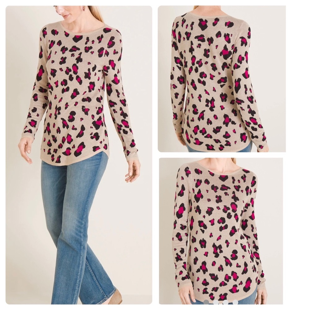 Chico's Women’s Sz 3 Pink Textured Animal-Print Bateau-Neck Sweater XL.